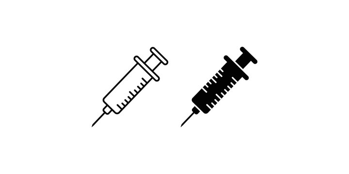 Two syringe icons, one outlined and one filled, for medical and vaccination concepts on transparent background.