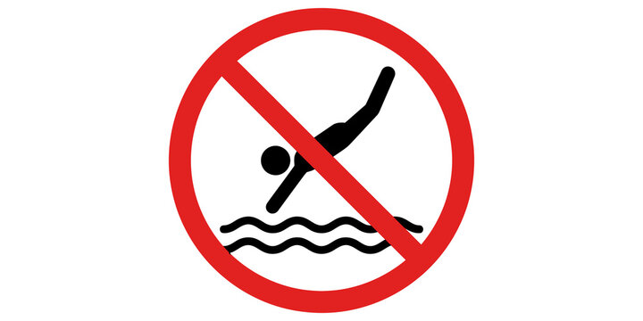 No diving safety sign with black swimmer pictogram and red prohibition circle for pool areas.