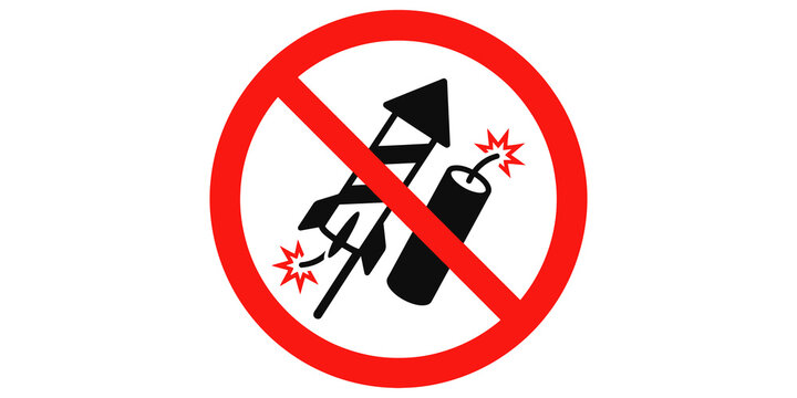 Red prohibition sign with black icons of fireworks and dynamite.