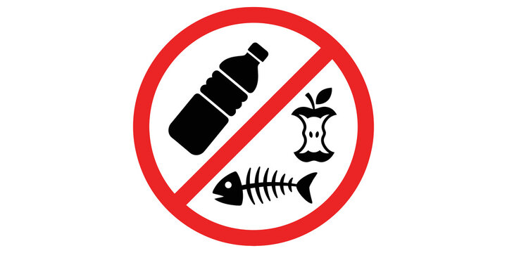 No littering sign with trash items like bottle, apple core and fish bone on transparent background.