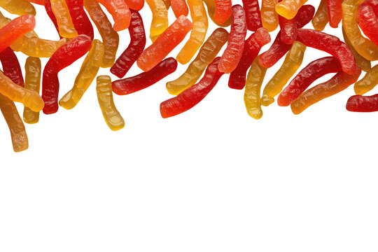 Colorful gummy worm candy top border isolated on transparent background