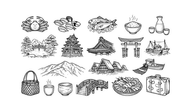 Hand Drawn Hokuriku Japan Travel and Seafood Cuisine Vector Collection