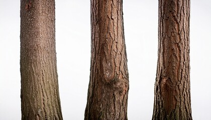 Fototapeta premium Three Tree Trunks On White Background Natural Wood Texture Forest Elements For Graphic Design Nature Themed Projects And Rustic Designs