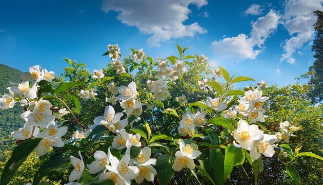 Jasmine Flowers Blossoming On The Bush Against Sky