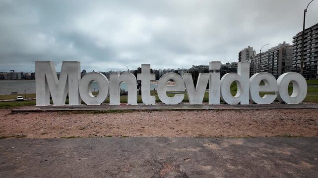 Montevideo sign and Playa de Pocitos beach skyline, Montevideo, Uruguay