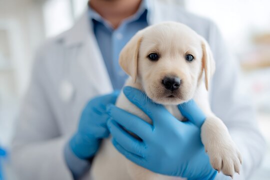 Veterinarian holding a cute puppy in a clinic. Vet doctor with blue gloves examining a small dog. Pet care concept