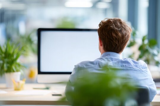 Rear view of a businessman working on a computer with a blank screen. Office employee sitting at a desk. Mockup copy space