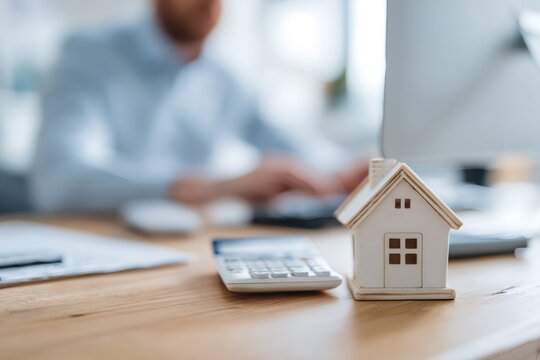 Small model house on a wooden desk with a calculator. Real estate and mortgage concept with a man working in the background