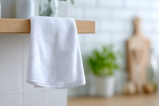 Clean white kitchen towel hanging on a wooden shelf. Soft cotton fabric in a bright modern kitchen setting