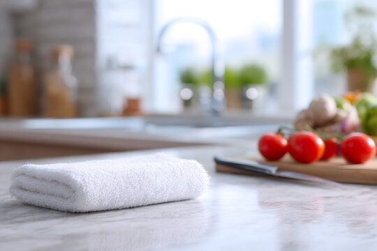 Folded white kitchen towel on a marble countertop. Clean cotton cloth near fresh vegetables and sink