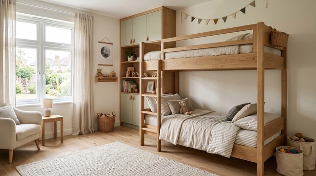 Children bedrooms with playful furniture with balanced composition