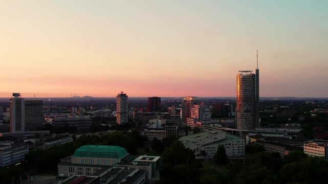 Golden sunset over Essen city skyline 