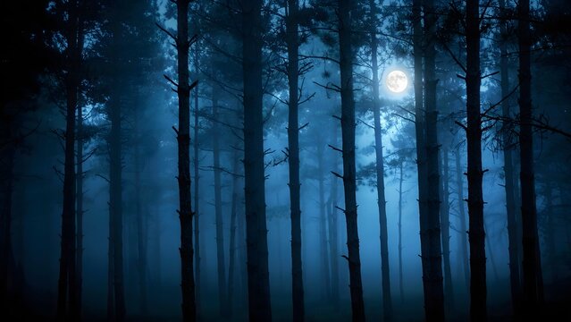 Misty dark forest with eerie glowing light at night for Halloween horror background