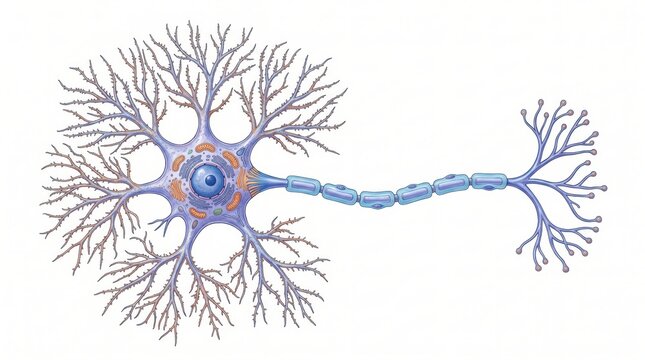 Detailed neuron illustration with branching dendrites on transparent background