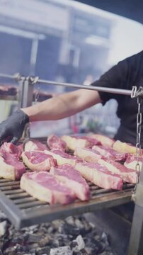 Grilled Meat Skewers and Sausages Cooking on Outdoor Barbecue Grill