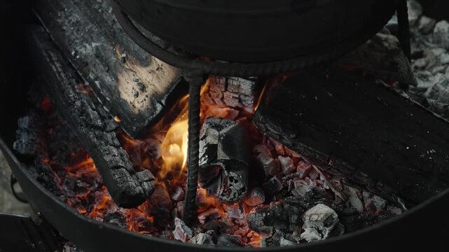 Close Up of Burning Firewood and Glowing Charcoal in Barbecue Grill