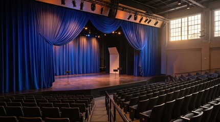 Naklejka premium Empty theater stage with blue curtains with balanced composition