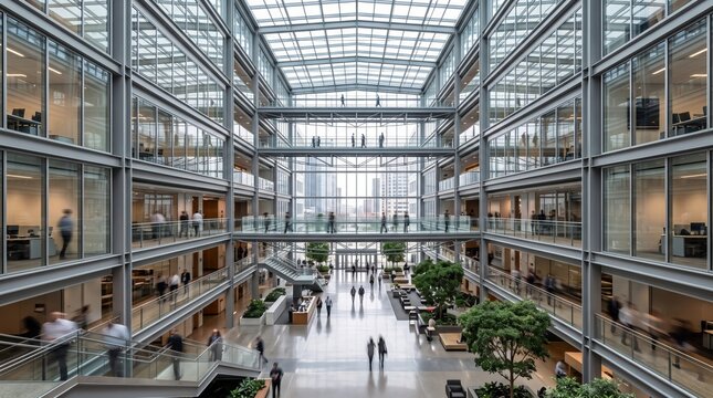 Busy modern office atrium with professionals in soft natural light