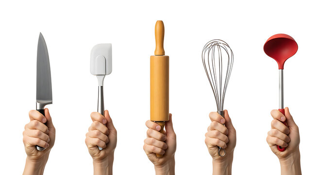kitchen utensil cooking hands holding various professional chef tools