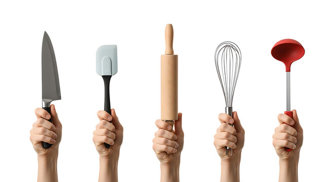 Kitchen utensils hands holding various professional cooking tools on white