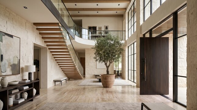 Minimalist home atrium with staircase