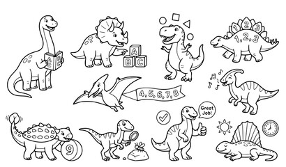 Hand drawn dinosaur illustration collection featuring various prehistoric creatures including tyrannosaurus, stegosaurus, triceratops and flying dinosaurs © Boloram