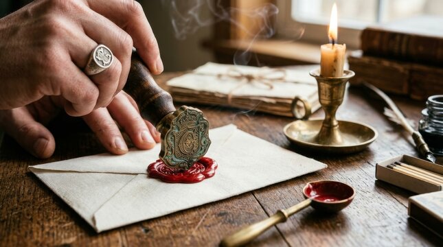 Man Sealing a Vintage Paper Envelope with Red Wax Stamp