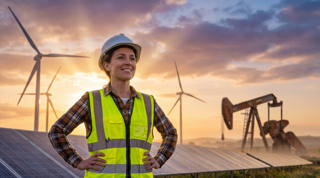 Professional female engineer solar panels wind turbine oil pump worker wearing safety gear, feeling confident and proud during sunset