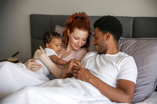 Happy mixed race parents holding their baby sitting in bed at night