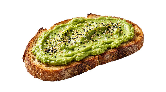 Photorealistic avocado toast on crispy artisan bread with smooth avocado spread and sesame garnish, isolated transparent background, PNG
