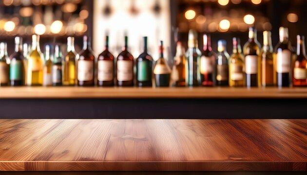 Empty Wooden Bar Counter With Defocused Background And Bottles Of Restaurant Bar Or Cafeteria Background For Your Product Display
