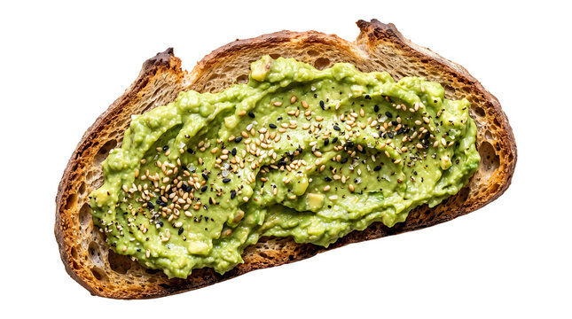 Photorealistic avocado toast on crispy artisan bread with smooth avocado spread and sesame garnish, isolated transparent background, PNG