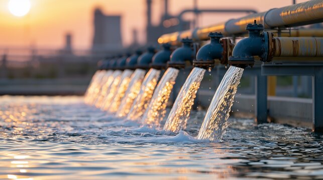 Row of Industrial Pipes Discharging Clean Water into Treatment Reservoir at Sunset, Concept of Industrial Water Management, Wastewater Filtration, Energy Sector, and Environmental ESG Compliance