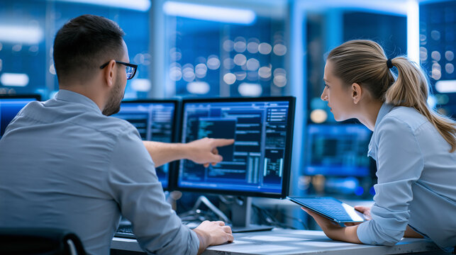 Side Profile of Software Engineers Reviewing Code on Multiple Monitors at Night Office, Concept of Pair Programming, Cybersecurity, IT Team Collaboration, and Data Analytics