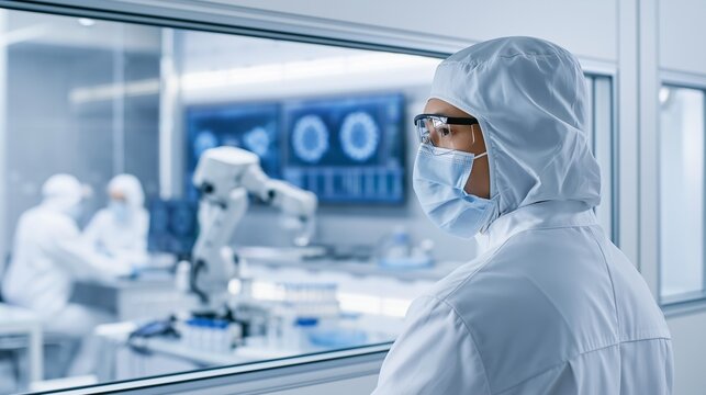 Scientist in Sterile Cleanroom Protective Suit Looking Through Glass Window into High Tech Automated Laboratory with Robotic Arm, Concept of Biotechnology, Pharmaceutical Research, and Vaccine Develop