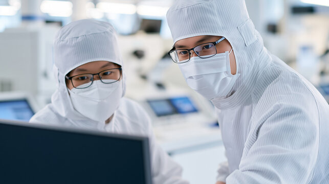 Cleanroom Technicians Working at Computer in Semiconductor Facility, Excellent for Chip Manufacturing, Process Monitoring and High-Tech Production