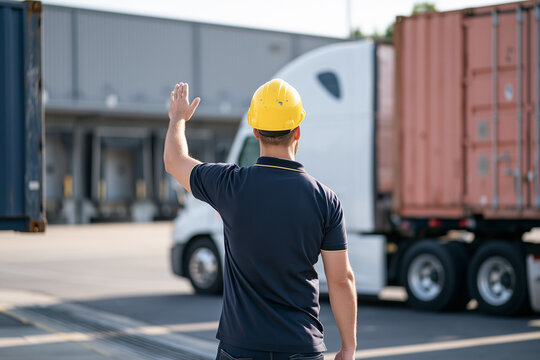 Back View of Logistics Worker in Yellow Hardhat Signaling Semi Truck Carrying Freight Container at Warehouse Yard, Concept of Supply Chain, Traffic Control, and Occupational Safety