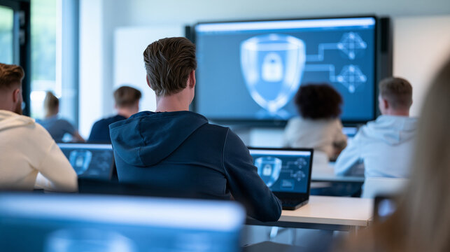 Students Attending Cybersecurity Training Class with Digital Security Presentation, Excellent for Security Awareness, Network Defense and IT Education