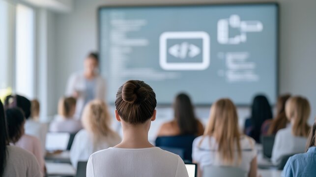 Female Student Attending Programming Class with Coding Instructor, Excellent for Software Development Training, Women in Tech and Computer Science Education