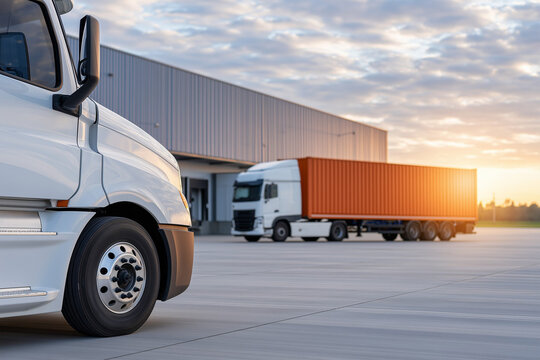 Semi Trucks and Shipping Container at Distribution Warehouse, Excellent for Container Logistics, Freight Transportation and Supply Chain Distribution