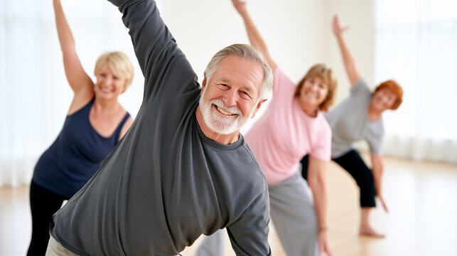 Senior Adults Performing Group Stretching Exercise Indoors, Excellent for Active Aging, Mobility Training and Healthy Senior Lifestyle