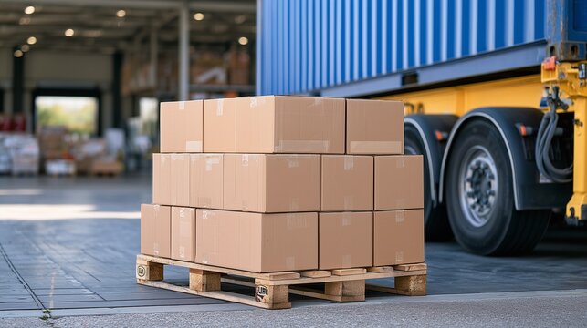 Wooden Pallet Stacked with Plain Cardboard Boxes Next to Freight Truck Container at Logistics Warehouse, Concept of Cargo Delivery, Global Supply Chain, and Freight Transportation