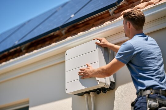 Technician Installing Solar Inverter on Exterior House Wall Below Solar Panels on Roof, Concept of Renewable Energy, Solar Power Installation, and Residential Energy Efficiency