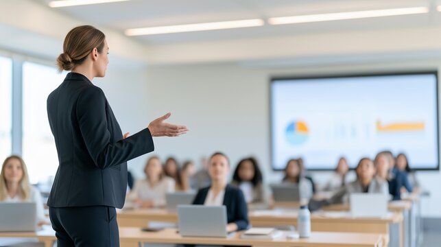 Female Business Trainer Presenting Data to Employees in Corporate Classroom, Excellent for Workforce Upskilling, Professional Development and Corporate Training