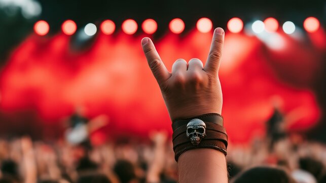 Concert Fan Raising Rock Hand Sign During Live Music Performance, Excellent for Rock Culture, Music Festivals and Live Entertainment Concepts