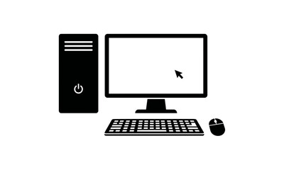 Fototapeta premium A minimalist black and white vector illustration featuring a desktop computer setup including a tower monitor keyboard and mouse on white background