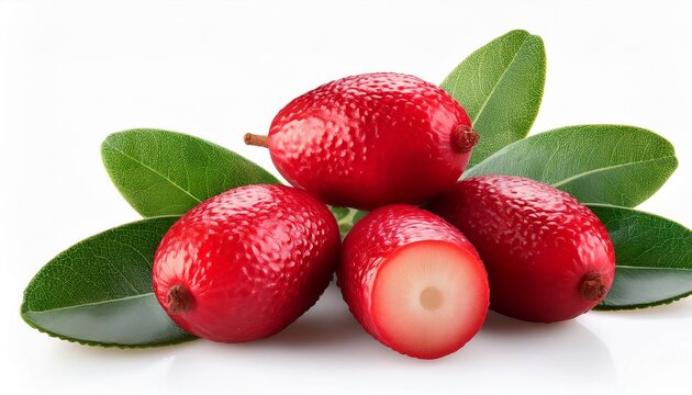 Fresh Red Bayberry Fruit With Green Leaves Isolated On White Background