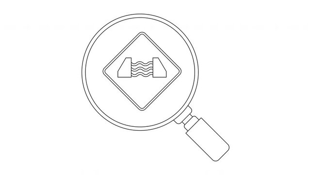 Magnifying glass over a dam warning sign icon.