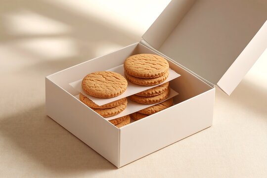 Cookie gift box open revealing layered cookies with parchment paper between layers, neutral background, soft natural light, gift presentation