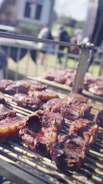 Grilled Meat Skewers and Sausages Cooking on Outdoor Barbecue Grill